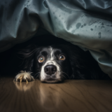 "a dog hiding under the bed during a thunderstorm"